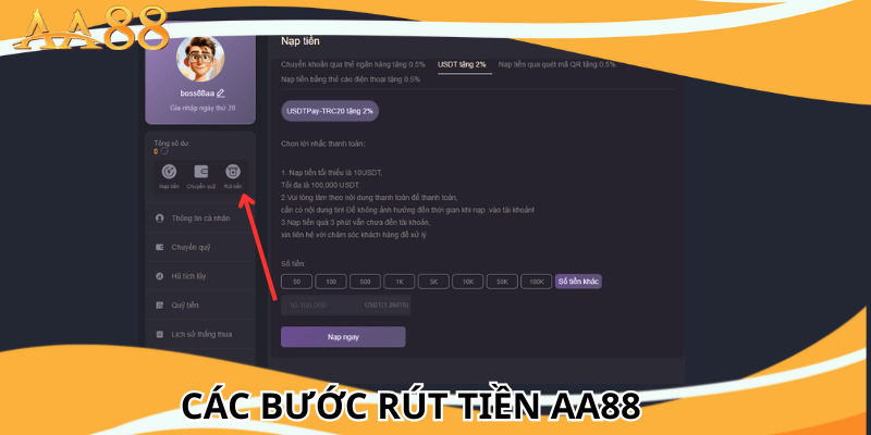 Các bước rút tiền aa88