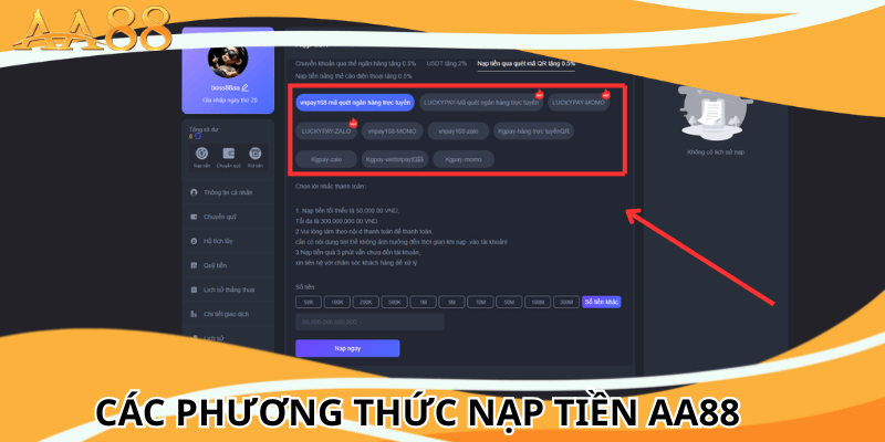 Các phương pháp nạp tiền aa88